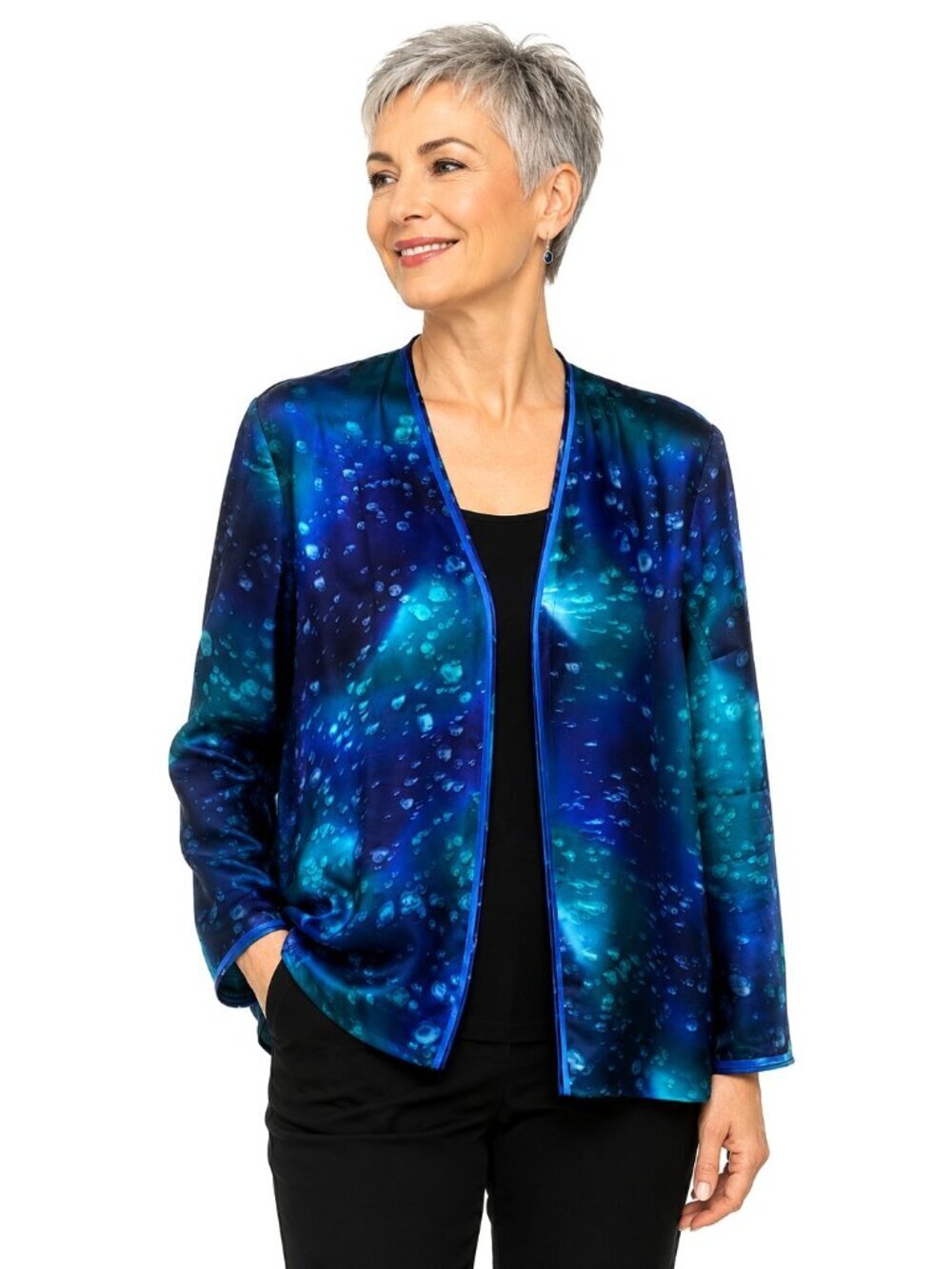 Blue Green Watercolor Silk Open Jacket